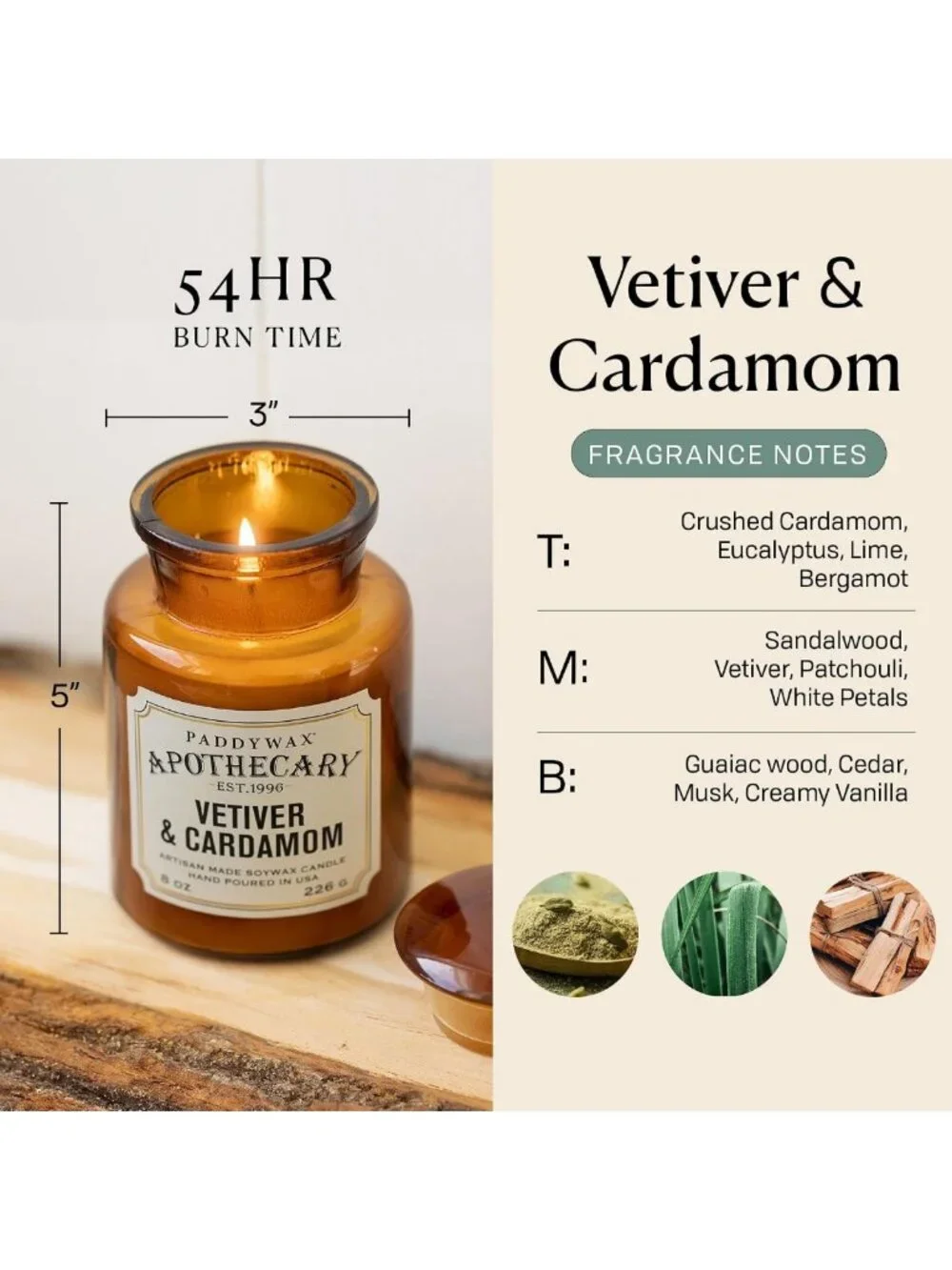 Reusable Glass Jar Soy Candle with Lid - Vetiver & Cardamom, 54 Hour Burn Time